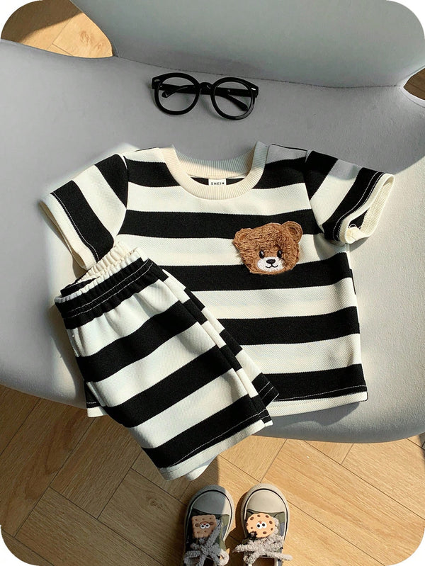 2 peças/Conjunto Camiseta de Manga Curta e Shorts Listrados com Estampa de Urso para Menino/Menina Casual, Confortável e Adequado para Uso Diário, Esportes, Exterior, Escola, Festa, Férias, Sessão de Fotos, Primavera/Verão