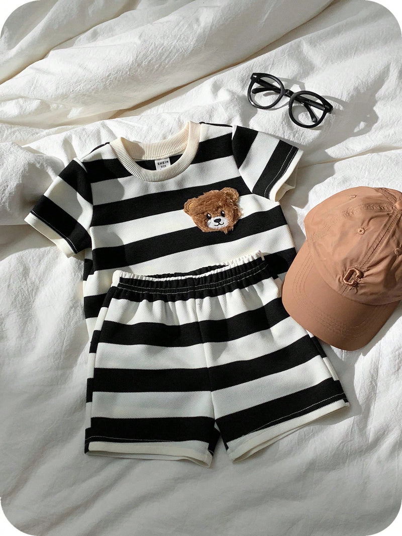 2 peças/Conjunto Camiseta de Manga Curta e Shorts Listrados com Estampa de Urso para Menino/Menina Casual, Confortável e Adequado para Uso Diário, Esportes, Exterior, Escola, Festa, Férias, Sessão de Fotos, Primavera/Verão