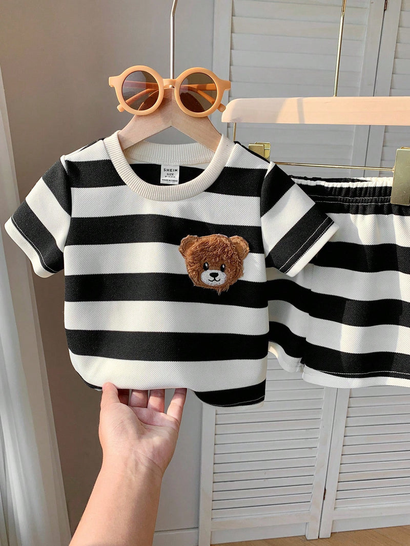 2 peças/Conjunto Camiseta de Manga Curta e Shorts Listrados com Estampa de Urso para Menino/Menina Casual, Confortável e Adequado para Uso Diário, Esportes, Exterior, Escola, Festa, Férias, Sessão de Fotos, Primavera/Verão