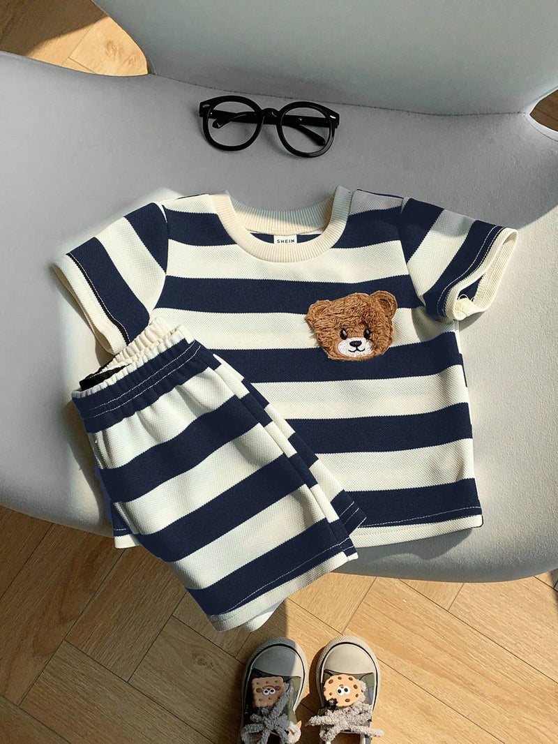 2 peças/Conjunto Camiseta de Manga Curta e Shorts Listrados com Estampa de Urso para Menino/Menina Casual, Confortável e Adequado para Uso Diário, Esportes, Exterior, Escola, Festa, Férias, Sessão de Fotos, Primavera/Verão