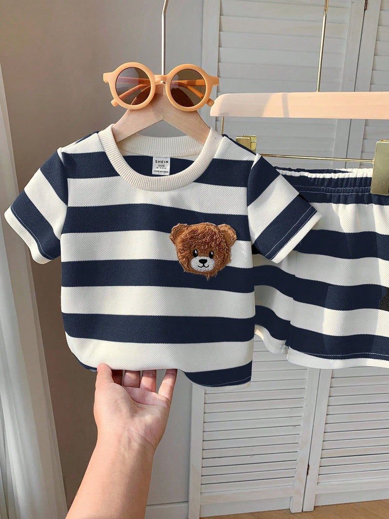 2 peças/Conjunto Camiseta de Manga Curta e Shorts Listrados com Estampa de Urso para Menino/Menina Casual, Confortável e Adequado para Uso Diário, Esportes, Exterior, Escola, Festa, Férias, Sessão de Fotos, Primavera/Verão