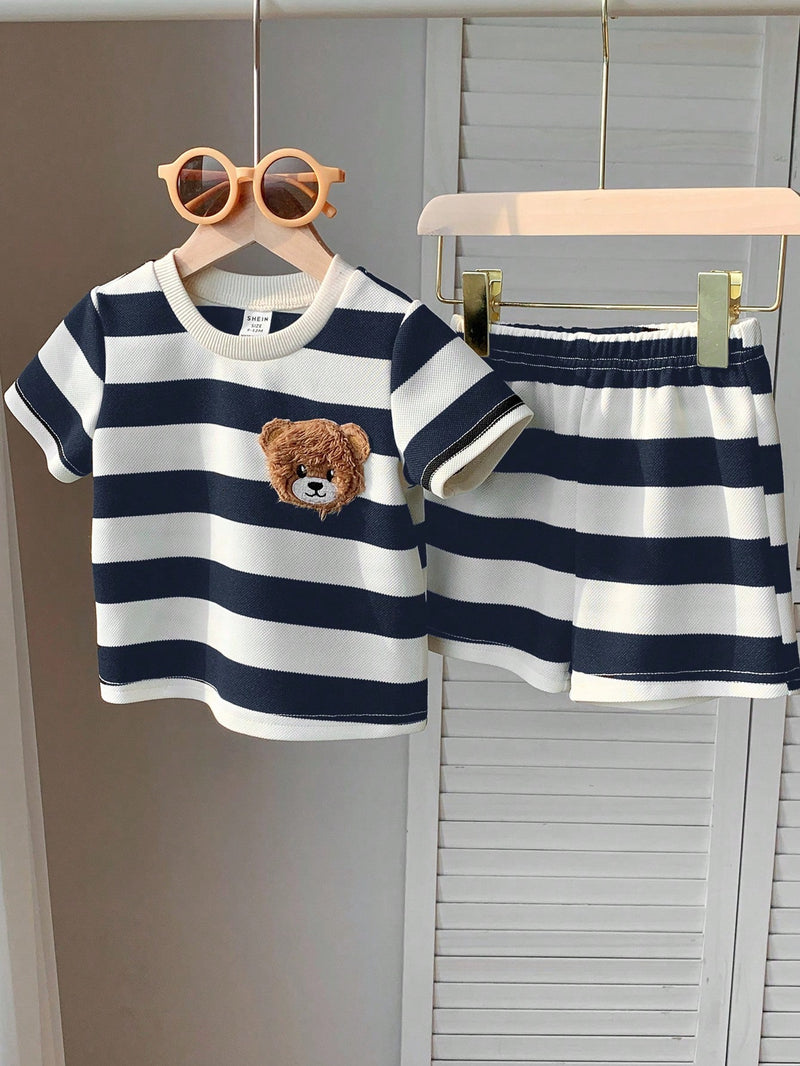 2 peças/Conjunto Camiseta de Manga Curta e Shorts Listrados com Estampa de Urso para Menino/Menina Casual, Confortável e Adequado para Uso Diário, Esportes, Exterior, Escola, Festa, Férias, Sessão de Fotos, Primavera/Verão