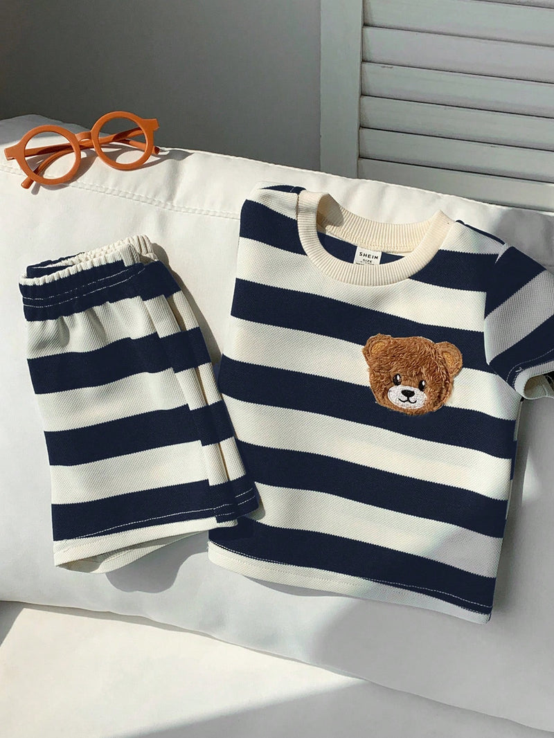 2 peças/Conjunto Camiseta de Manga Curta e Shorts Listrados com Estampa de Urso para Menino/Menina Casual, Confortável e Adequado para Uso Diário, Esportes, Exterior, Escola, Festa, Férias, Sessão de Fotos, Primavera/Verão