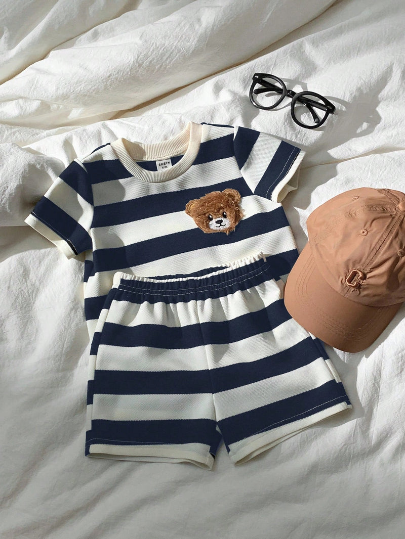 2 peças/Conjunto Camiseta de Manga Curta e Shorts Listrados com Estampa de Urso para Menino/Menina Casual, Confortável e Adequado para Uso Diário, Esportes, Exterior, Escola, Festa, Férias, Sessão de Fotos, Primavera/Verão