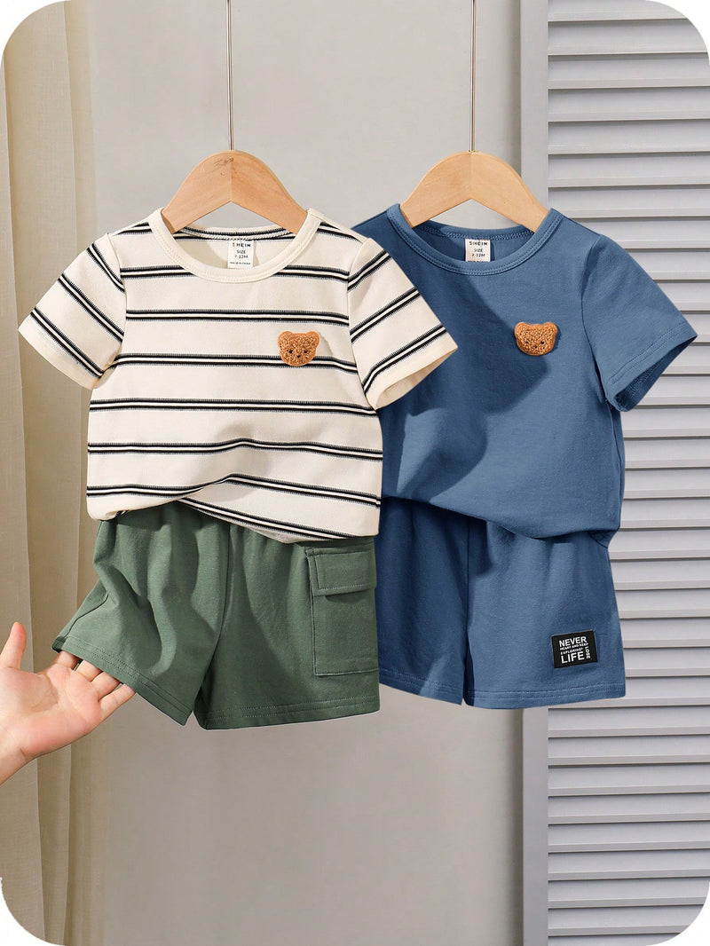 4 peças/conjunto de Verão Estilo Coreano Casual Fofo, Padrão de Desenho Animado Listrado Camiseta Manga Curta, Shorts de Elástico com Bolsos para Meninos e Meninas Bebês