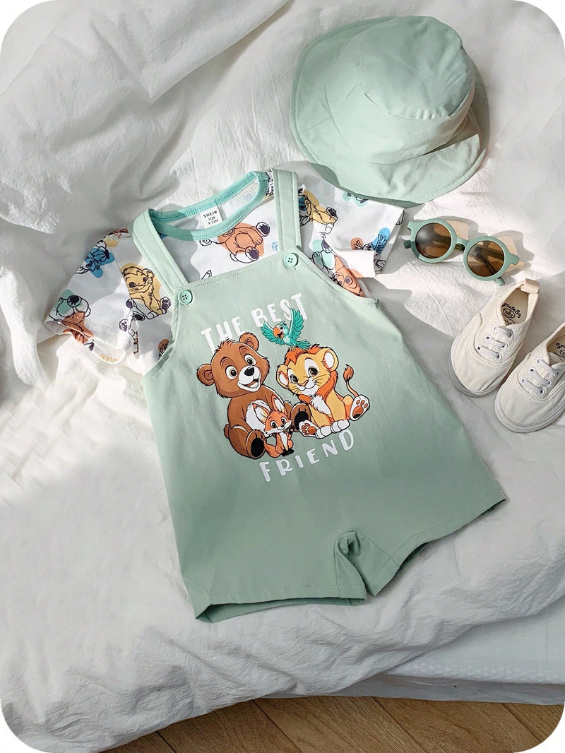 3 peças/Conjunto Bebê Meninos/Meninas Casual Impressão Fofa de Animal Ombro Caído Malha Parte Superior/Camiseta e Shorts com Chapéu, Confortável para Casa, Passeios, Reuniões na Primavera/Verão
