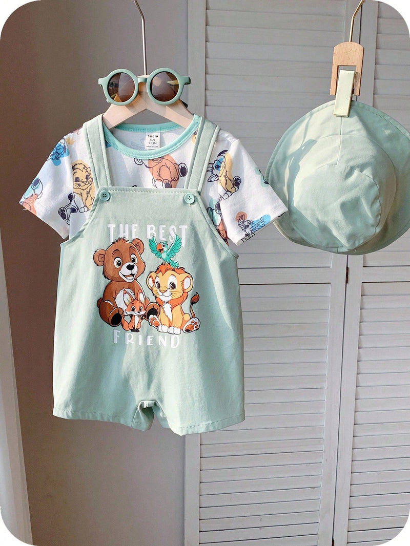 3 peças/Conjunto Bebê Meninos/Meninas Casual Impressão Fofa de Animal Ombro Caído Malha Parte Superior/Camiseta e Shorts com Chapéu, Confortável para Casa, Passeios, Reuniões na Primavera/Verão
