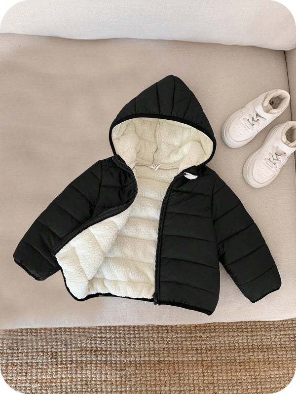 Jaqueta com Capuz e Zíper Acolchoada Quente e Grossa para Bebê Menino, Adequada para Brincar na Neve, Essencial Casual de Inverno