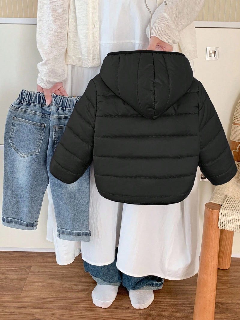 Jaqueta com Capuz e Zíper Acolchoada Quente e Grossa para Bebê Menino, Adequada para Brincar na Neve, Essencial Casual de Inverno