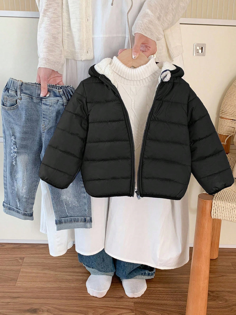 Jaqueta com Capuz e Zíper Acolchoada Quente e Grossa para Bebê Menino, Adequada para Brincar na Neve, Essencial Casual de Inverno