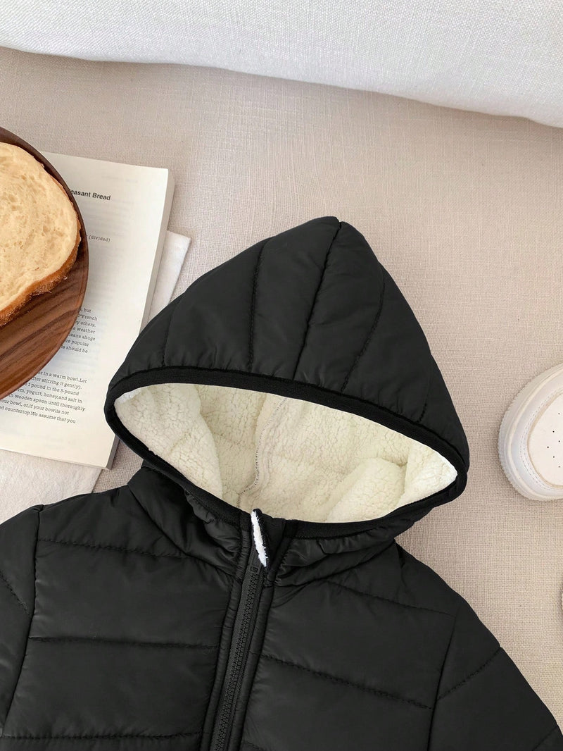 Jaqueta com Capuz e Zíper Acolchoada Quente e Grossa para Bebê Menino, Adequada para Brincar na Neve, Essencial Casual de Inverno