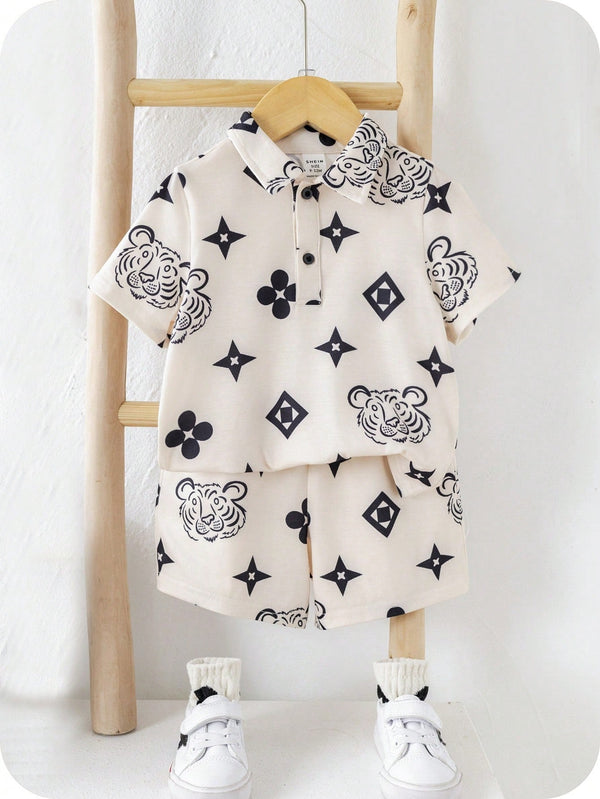 2 peças/Conjunto Esporte Casual Estilo Universitário Fofo e Engraçado Top Polo de Tricô e Shorts de Cintura Elástica para Bebê Menino/Menina, Adequado para Usar em Casa e Ao Ar Livre na Primavera/Verão