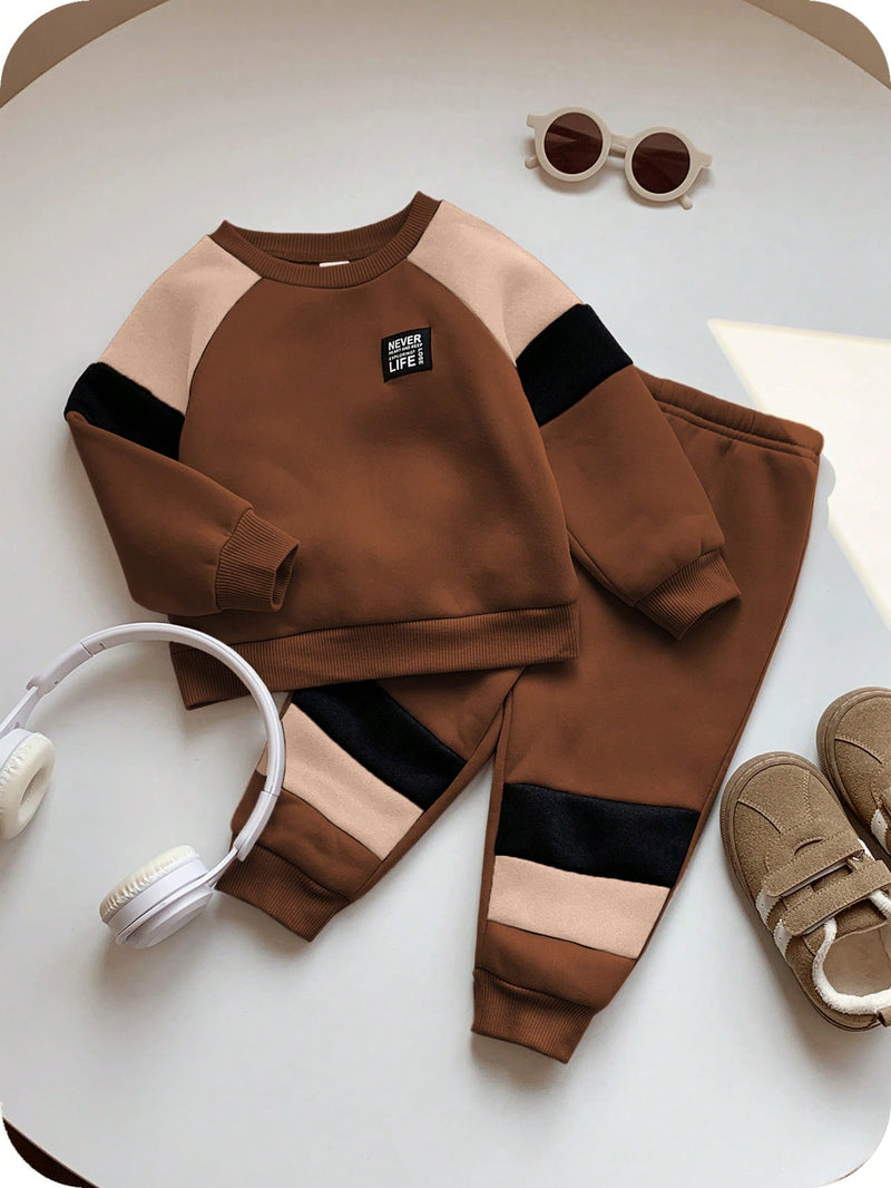 2 Peças Conjunto de Moletom Gola Careca com Recorte de Cor Marrom Casual Diário Combinável e Calça para Bebê Menino/Menina, Adequado para usar Dentro e Fora de Casa no Outono/Inverno