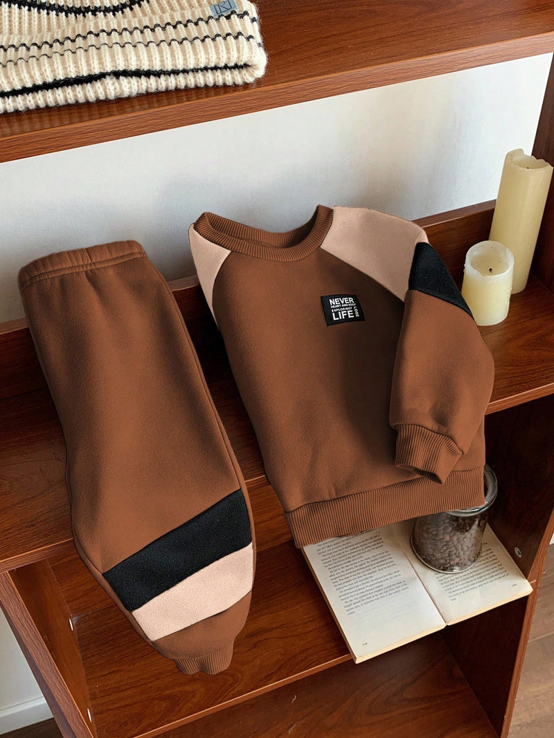 2 Peças Conjunto de Moletom Gola Careca com Recorte de Cor Marrom Casual Diário Combinável e Calça para Bebê Menino/Menina, Adequado para usar Dentro e Fora de Casa no Outono/Inverno
