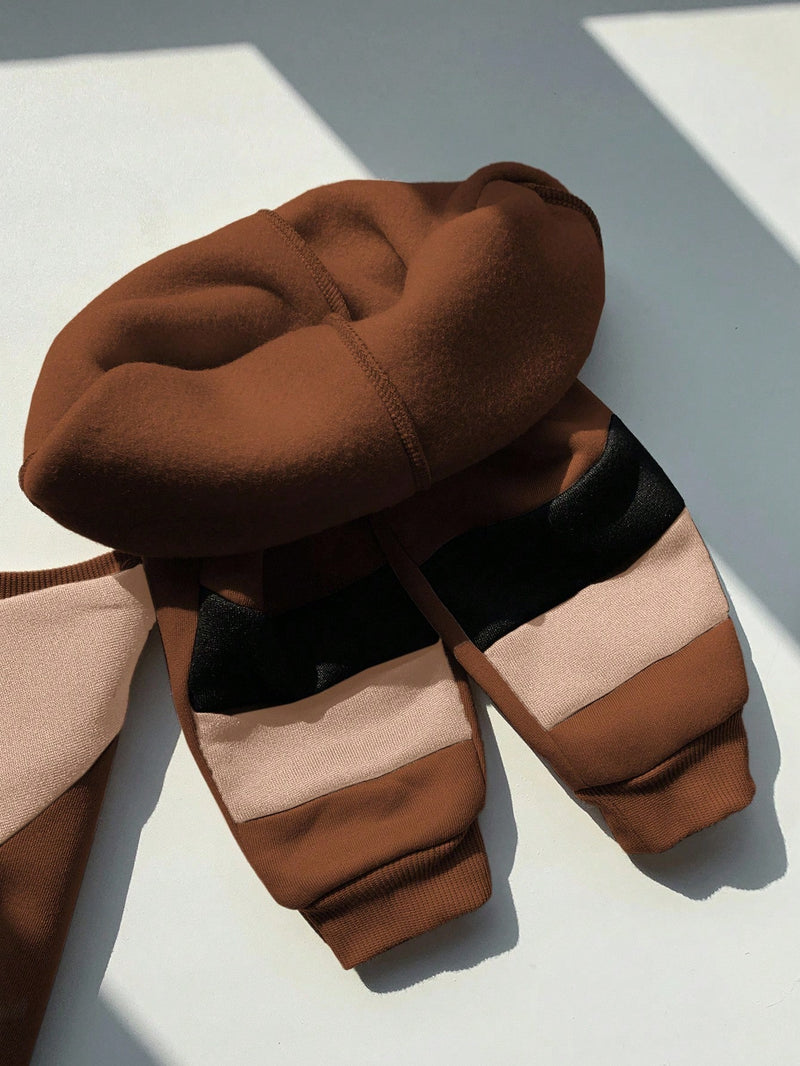2 Peças Conjunto de Moletom Gola Careca com Recorte de Cor Marrom Casual Diário Combinável e Calça para Bebê Menino/Menina, Adequado para usar Dentro e Fora de Casa no Outono/Inverno