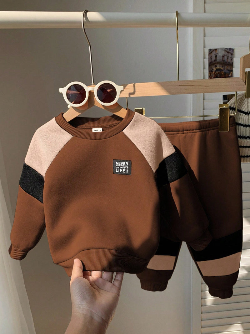 2 Peças Conjunto de Moletom Gola Careca com Recorte de Cor Marrom Casual Diário Combinável e Calça para Bebê Menino/Menina, Adequado para usar Dentro e Fora de Casa no Outono/Inverno