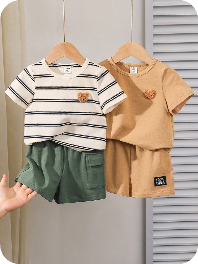 4 peças/conjunto de Verão Estilo Coreano Casual Fofo, Padrão de Desenho Animado Listrado Camiseta Manga Curta, Shorts de Elástico com Bolsos para Meninos e Meninas Bebês