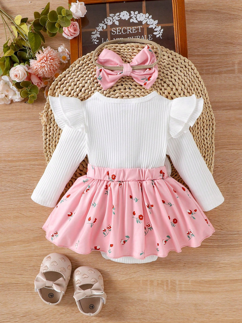 1 Peça Bodysuit de Manga Longa de Gola Careca Fofo para Bebê Menina, Primavera/Outono