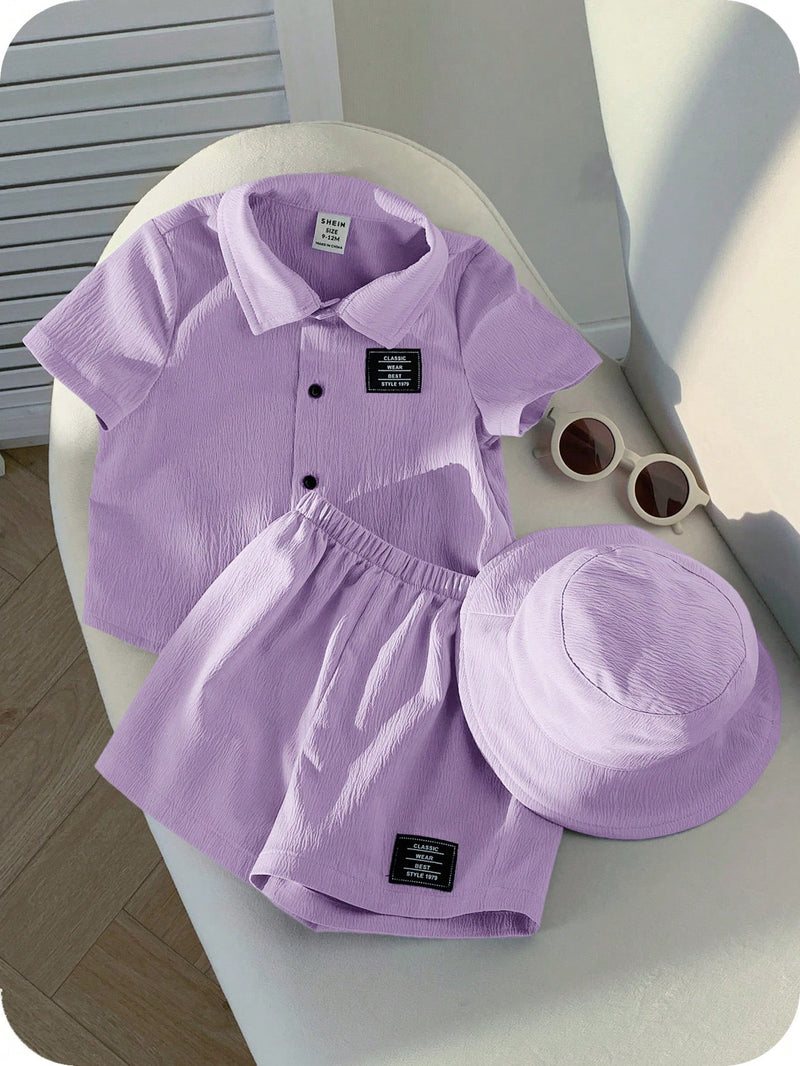 3 peças/Conjunto Cardigan de Manga Curta com Gola Bordada para Bebê Menino, Shorts com Cintura Elástica e Chapéu