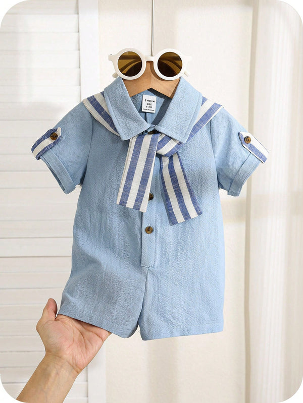 Camisa de Manga Curta Casual de Cor Sólida para Bebê/Criança Pequena, Macacão com Capa e Shorts Listrados, Adequado para Uso na Primavera/Verão, Casa e Passeio