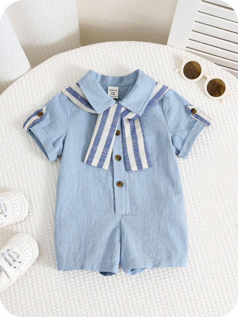 Camisa de Manga Curta Casual de Cor Sólida para Bebê/Criança Pequena, Macacão com Capa e Shorts Listrados, Adequado para Uso na Primavera/Verão, Casa e Passeio