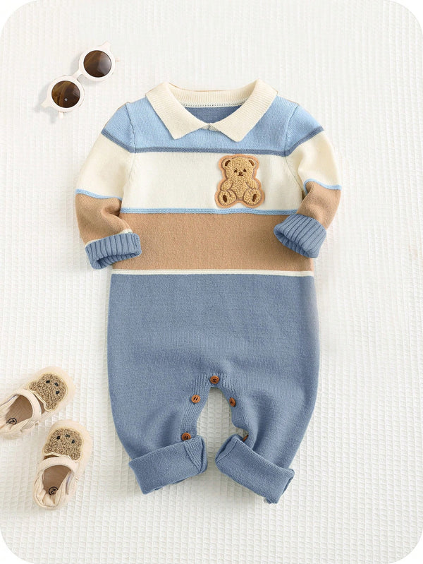 Bebê Recém-nascido Menino/Menina Macacão Estampado Fofo de Bloco de Cores com Gola Polo de Manga Longa, Outono/Inverno