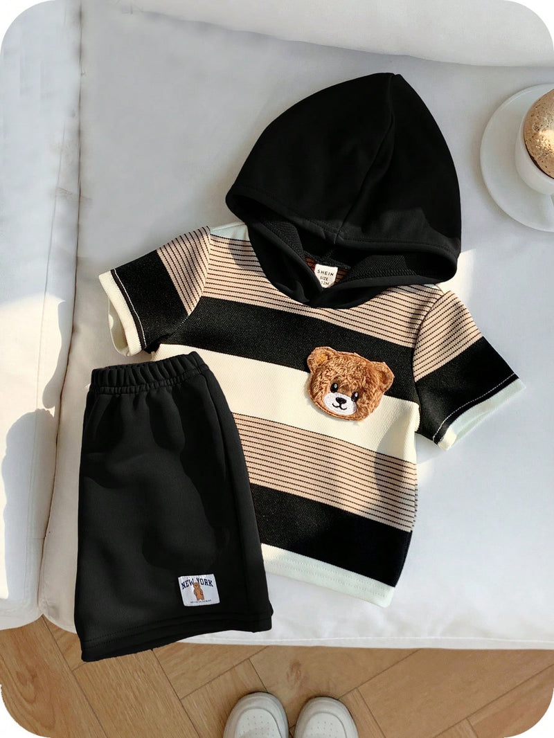 2 peças/Conjunto Bebê Menino Fofo Urso Cartoon Top de Manga Curta com Capuz Listrada e Shorts Roupa Casual de Verão