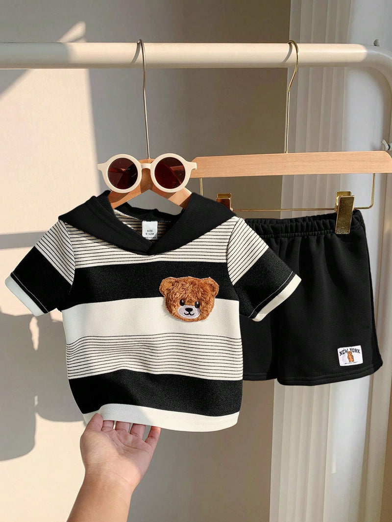 2 peças/Conjunto Bebê Menino Fofo Urso Cartoon Top de Manga Curta com Capuz Listrada e Shorts Roupa Casual de Verão