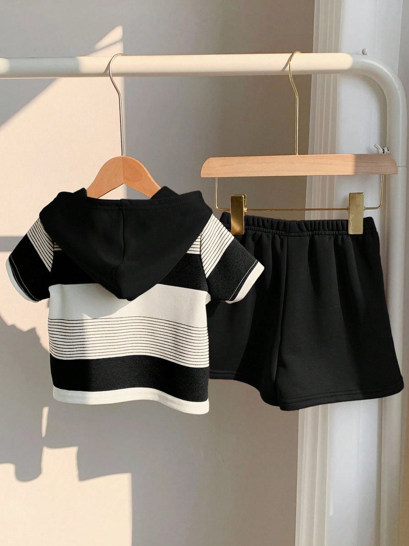2 peças/Conjunto Bebê Menino Fofo Urso Cartoon Top de Manga Curta com Capuz Listrada e Shorts Roupa Casual de Verão