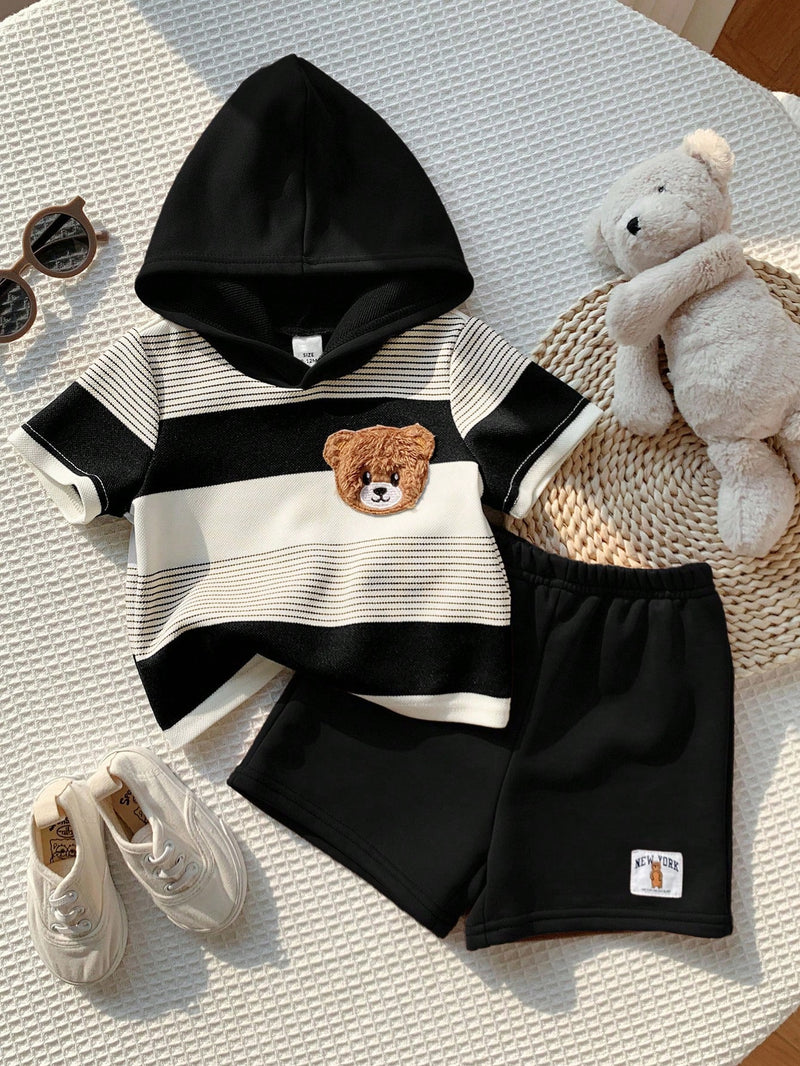 2 peças/Conjunto Bebê Menino Fofo Urso Cartoon Top de Manga Curta com Capuz Listrada e Shorts Roupa Casual de Verão