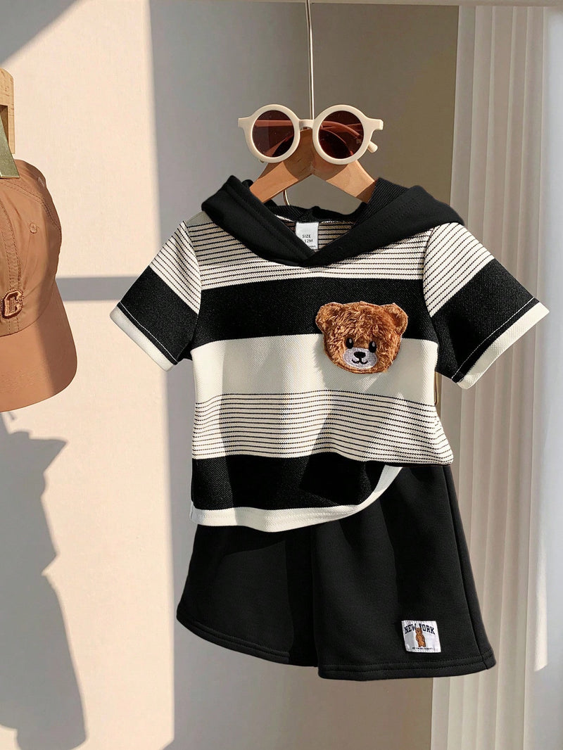 2 peças/Conjunto Bebê Menino Fofo Urso Cartoon Top de Manga Curta com Capuz Listrada e Shorts Roupa Casual de Verão