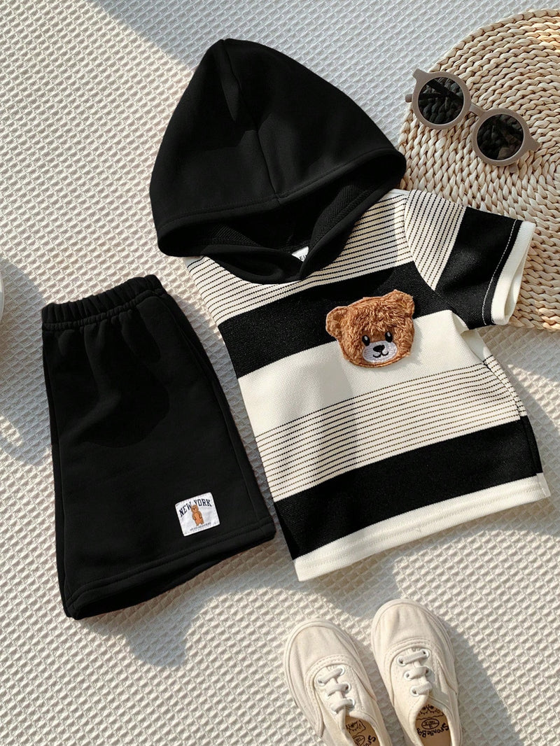 2 peças/Conjunto Bebê Menino Fofo Urso Cartoon Top de Manga Curta com Capuz Listrada e Shorts Roupa Casual de Verão