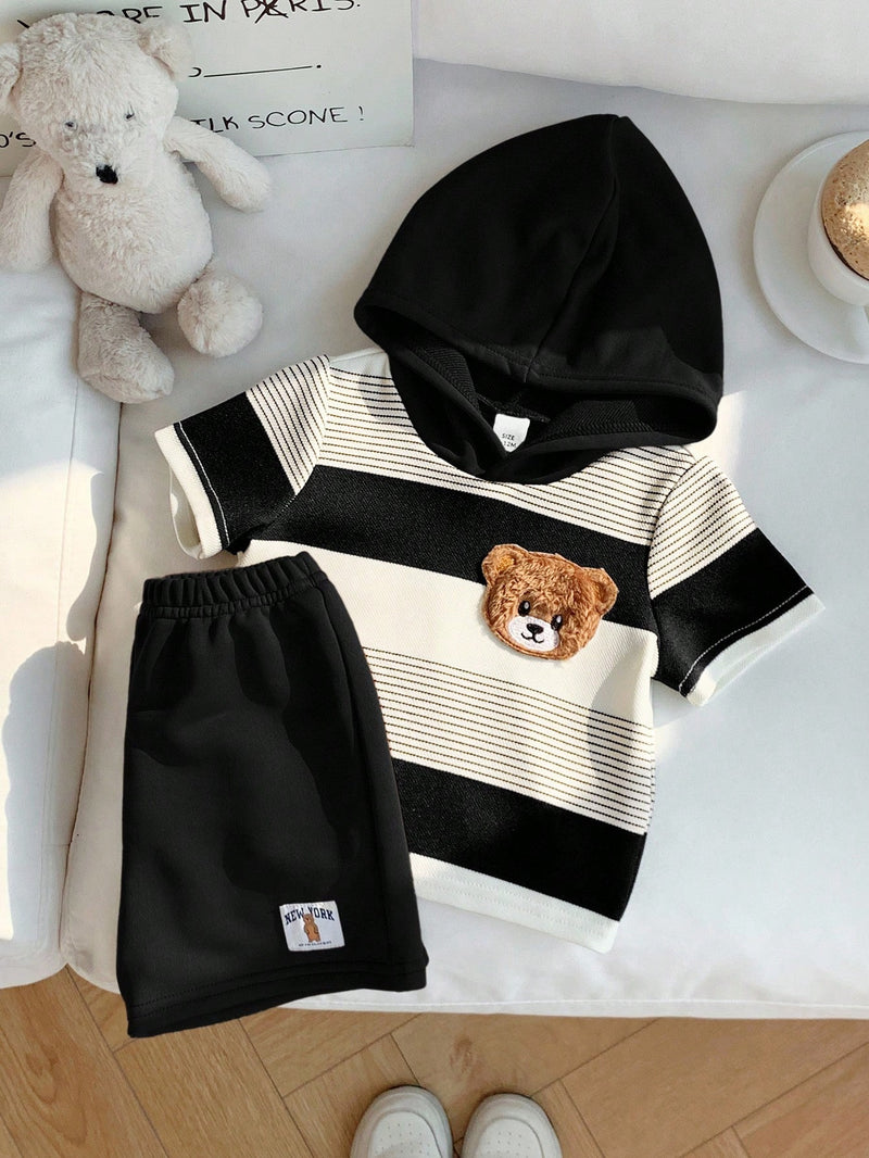 2 peças/Conjunto Bebê Menino Fofo Urso Cartoon Top de Manga Curta com Capuz Listrada e Shorts Roupa Casual de Verão