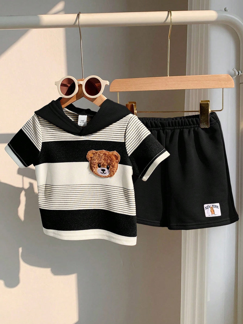 2 peças/Conjunto Bebê Menino Fofo Urso Cartoon Top de Manga Curta com Capuz Listrada e Shorts Roupa Casual de Verão