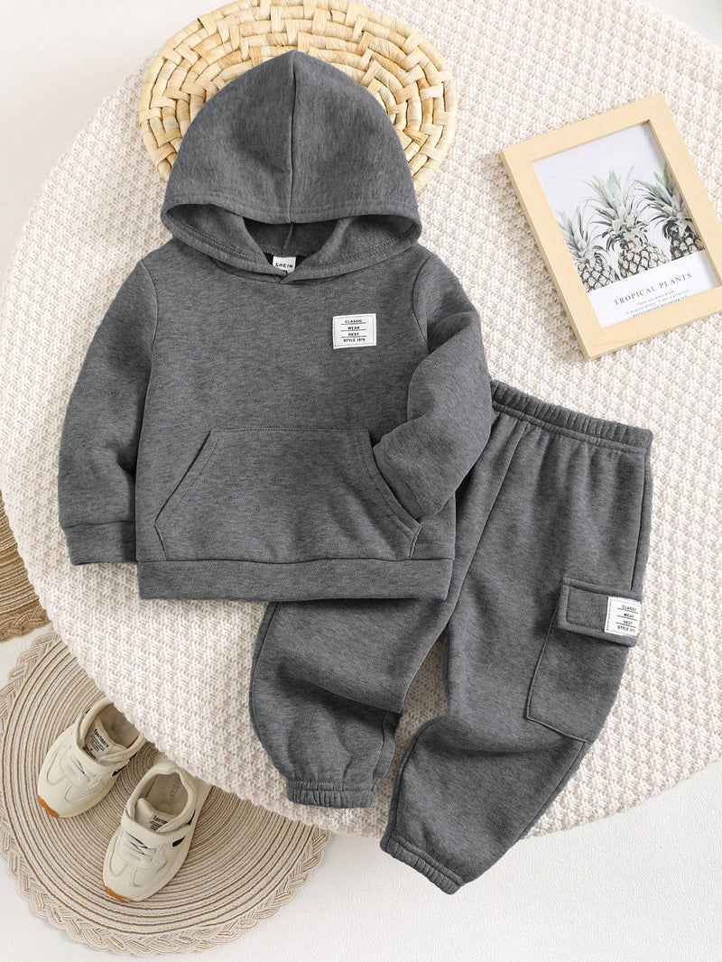 2 Peças Conjunto de Bebê Menino, Moletom com Capuz e Estampa de Letra Casual e Calça Longa de Cintura Elástica, Adequado para Outono/Inverno