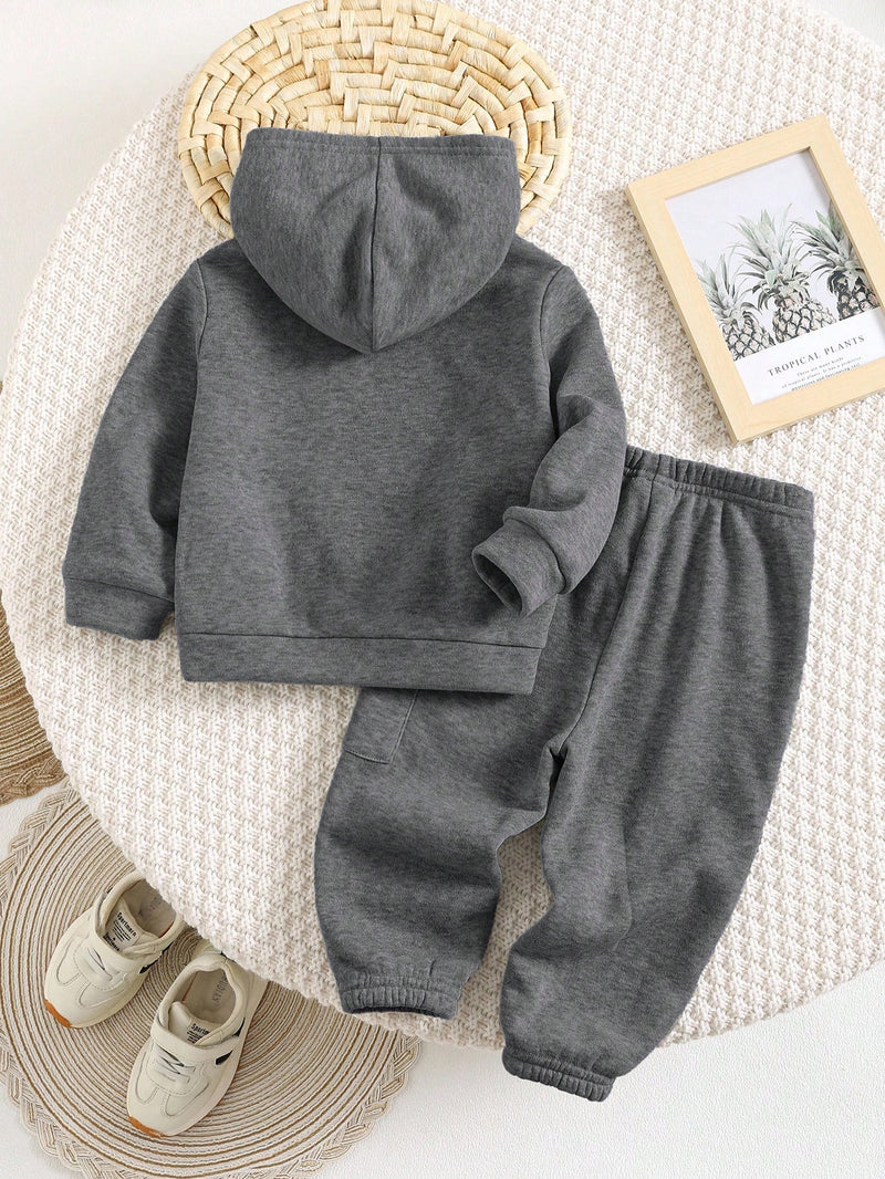 2 Peças Conjunto de Bebê Menino, Moletom com Capuz e Estampa de Letra Casual e Calça Longa de Cintura Elástica, Adequado para Outono/Inverno