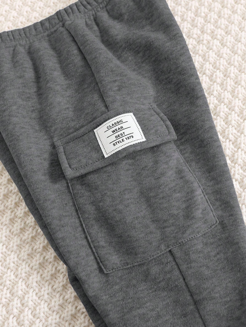 2 Peças Conjunto de Bebê Menino, Moletom com Capuz e Estampa de Letra Casual e Calça Longa de Cintura Elástica, Adequado para Outono/Inverno