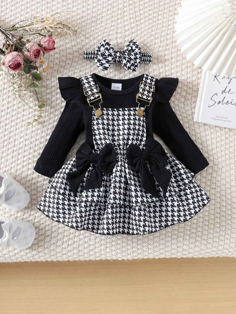 2 Peças Conjunto de Macacão + Vestido de Alça Elegante e Fofo de Manga Longa para Bebê/Menina, Leve para Primavera/Outono