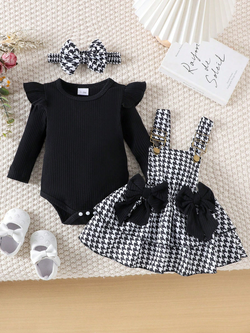 2 Peças Conjunto de Macacão + Vestido de Alça Elegante e Fofo de Manga Longa para Bebê/Menina, Leve para Primavera/Outono