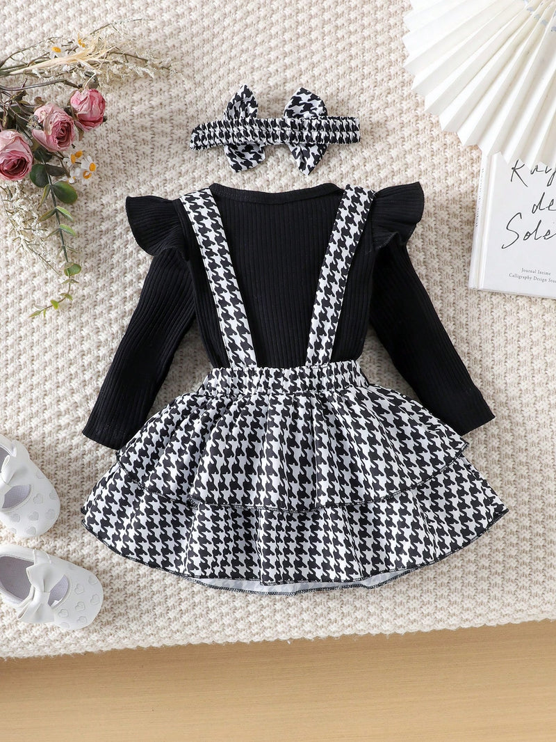 2 Peças Conjunto de Macacão + Vestido de Alça Elegante e Fofo de Manga Longa para Bebê/Menina, Leve para Primavera/Outono
