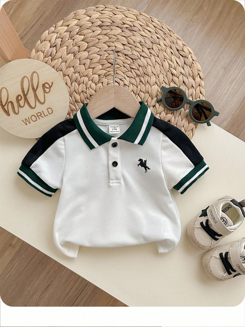 Camisa Polo de Manga Curta Estilo Universitário Fofo com Colorblock para Bebê Menino, Apropriada para Festa de Aniversário, Festa da Noite, Apresentação, Casamento, Chá de Bebê, Comemoração de 1 Mês e 1 Ano