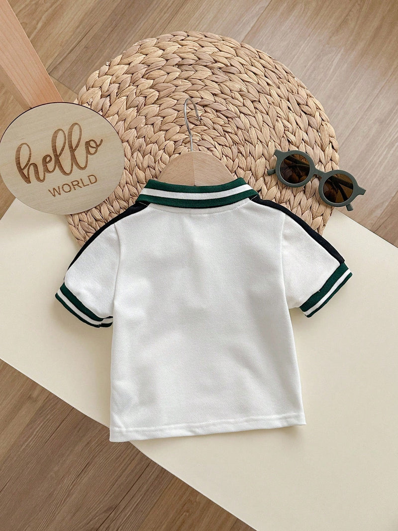 Camisa Polo de Manga Curta Estilo Universitário Fofo com Colorblock para Bebê Menino, Apropriada para Festa de Aniversário, Festa da Noite, Apresentação, Casamento, Chá de Bebê, Comemoração de 1 Mês e 1 Ano