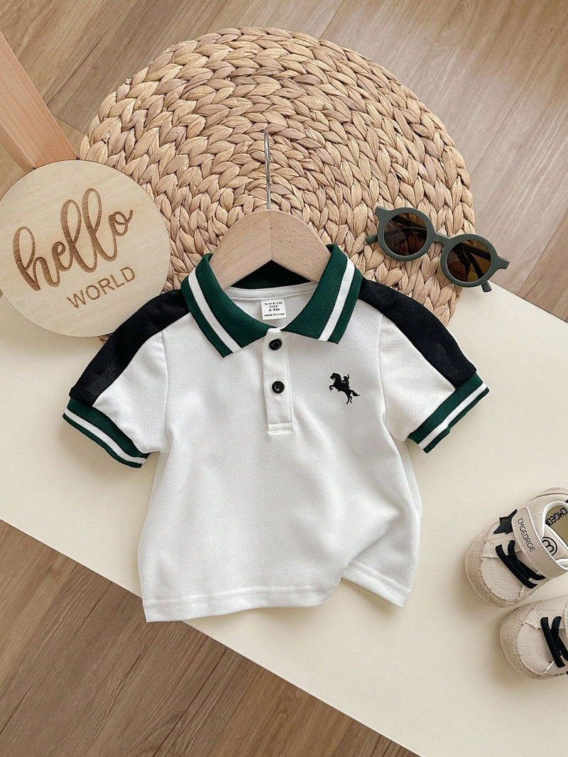 Camisa Polo de Manga Curta Estilo Universitário Fofo com Colorblock para Bebê Menino, Apropriada para Festa de Aniversário, Festa da Noite, Apresentação, Casamento, Chá de Bebê, Comemoração de 1 Mês e 1 Ano
