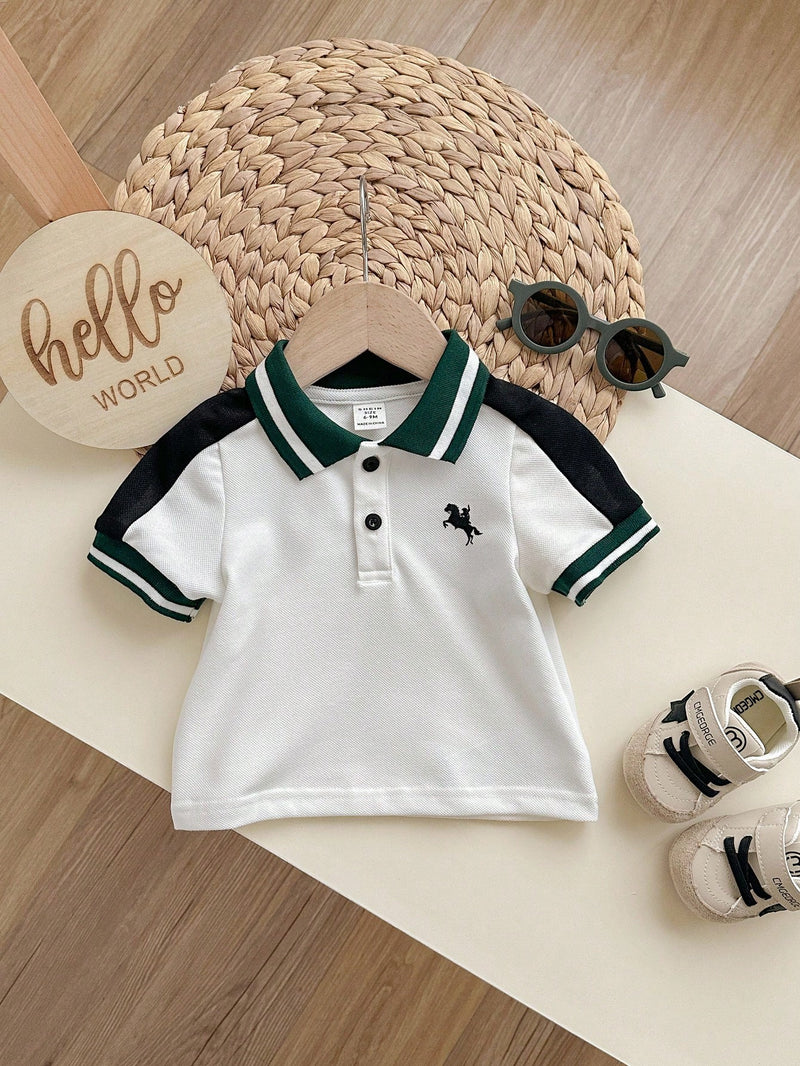 Camisa Polo de Manga Curta Estilo Universitário Fofo com Colorblock para Bebê Menino, Apropriada para Festa de Aniversário, Festa da Noite, Apresentação, Casamento, Chá de Bebê, Comemoração de 1 Mês e 1 Ano