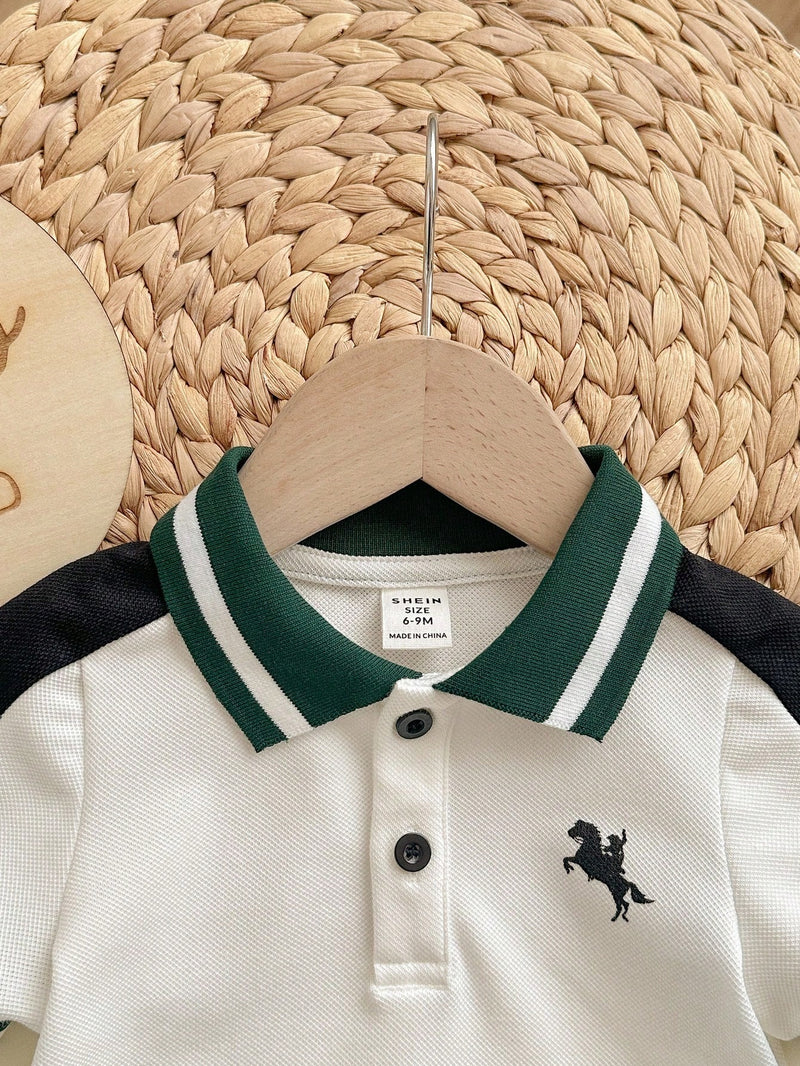 Camisa Polo de Manga Curta Estilo Universitário Fofo com Colorblock para Bebê Menino, Apropriada para Festa de Aniversário, Festa da Noite, Apresentação, Casamento, Chá de Bebê, Comemoração de 1 Mês e 1 Ano