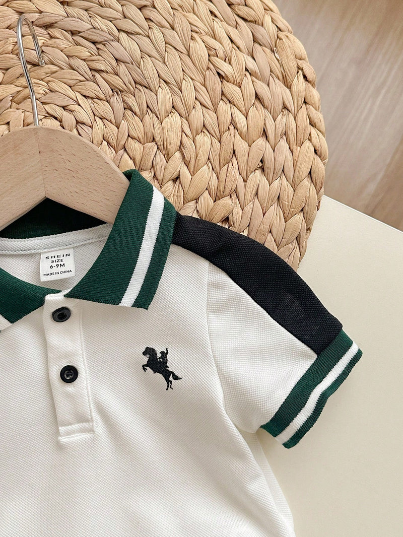 Camisa Polo de Manga Curta Estilo Universitário Fofo com Colorblock para Bebê Menino, Apropriada para Festa de Aniversário, Festa da Noite, Apresentação, Casamento, Chá de Bebê, Comemoração de 1 Mês e 1 Ano