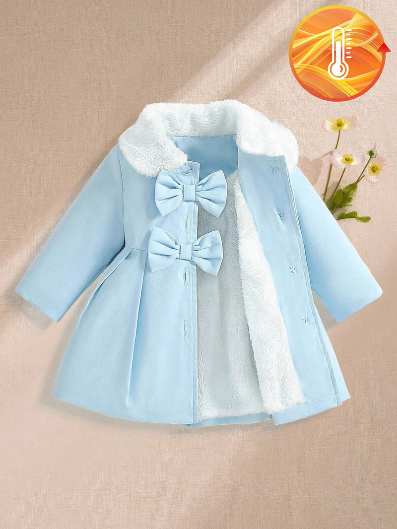 Souflis Souflis Jaqueta Forrada de Fleece para Bebês Meninas com Gola Falsa de Pele e Laço 3D, Casaco Trench para Outono Inverno, Cáqui Marrom