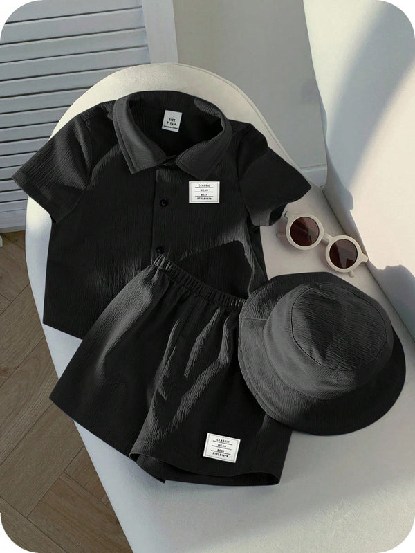3 peças/Conjunto Cardigan de Manga Curta com Gola Bordada para Bebê Menino, Shorts com Cintura Elástica e Chapéu