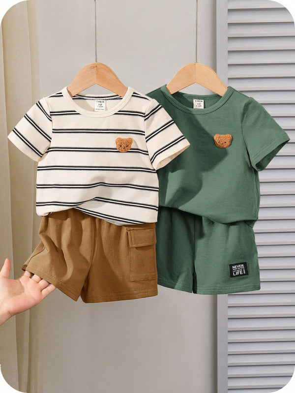 4 peças/conjunto de Verão Estilo Coreano Casual Fofo, Padrão de Desenho Animado Listrado Camiseta Manga Curta, Shorts de Elástico com Bolsos para Meninos e Meninas Bebês