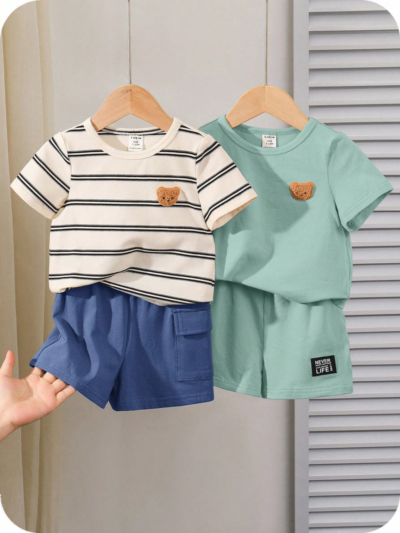 4 peças/conjunto de Verão Estilo Coreano Casual Fofo, Padrão de Desenho Animado Listrado Camiseta Manga Curta, Shorts de Elástico com Bolsos para Meninos e Meninas Bebês